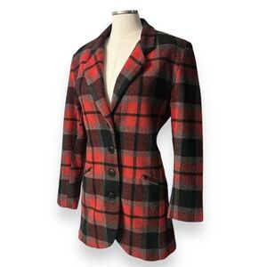 FLIRT Red & Black Buffalo Plaid Four Button Wool Blend Jacket Blazer VINTAGE
